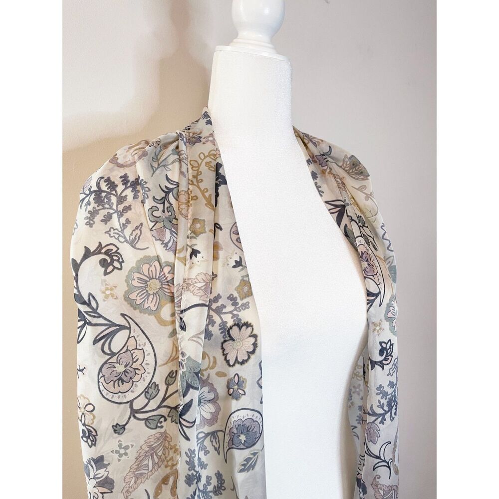 Vintage Floral Chiffon Scarf Cream Gray Beige Paisley Boho Romantic Wrap